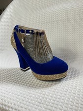 Bling platform Heels.Blue/gold glitter/tassel ankle strap.10cm block heel.uk 3.5
