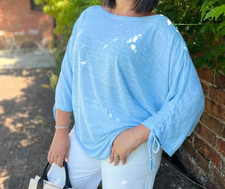 LADIES QED LONDON BLUE RUCHED SLEEVE TOP SIZE M/L UK 16 - 18 (REF 603)