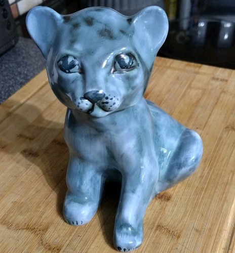 Vintage blue pottery cat money - blue,