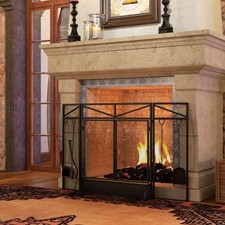3 Panel Folding Fire Guard Screen with Fireplace Tool Sets and Front Doors