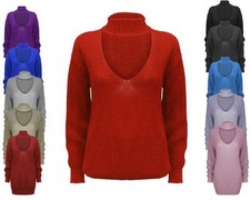 Ladies Women Knitted Choker Neck Chunky Knit Jumper Top Baggy Over sized Sweater