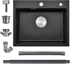 Black Kitchen Sink 55x45cm AUCTION Quartz Composite Kitchen Waste Kit Topmount