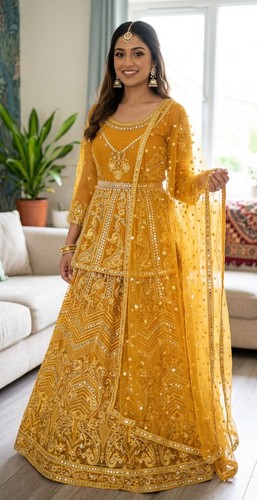 Mustard yellow bridal lehenga - mustard,