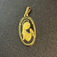 Vtg Guardian Madonna Angel & Dove Bird Gold Tone Black Enamel Pendant 1" Gift