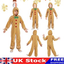 UK Christmas Kids Boys Gingerbread Man Costume Cosplay Jumpsuit With Hood Xmas🎅