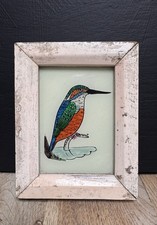 Indian Kingfisher Vintage Reverse Glass Painting in Bold Colors - 12.5 x 10 cm