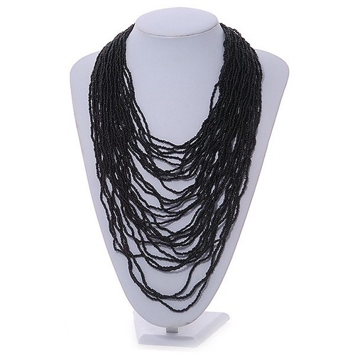Chunky black glass bead bib - black,