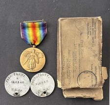 WW1 USA Victory Medal 2x Aluminium Dog Tags Fred Plant 848346 & Medal Box 