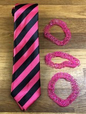 Fancy Dress Pink & Black St Trinian’s School Tie & 3 Hot Pink 90s Tattoo Chokers