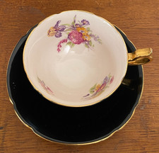Vintage 1950s Stanley Fine Bone China Tea Cup & Saucer, Black, Gilt, Pink Floral
