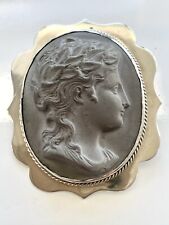 Victorian Lava Stone Cameo Brooch Silver 925 Hand Carved Grand Tour Italian
