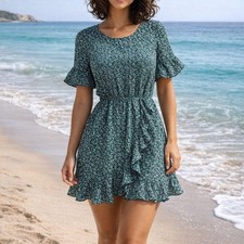 Dark green print ruffle front
