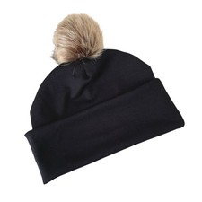 Black Jersey Beanie Hat with Faux Pom Pom for  Women Autumn Winter Hats
