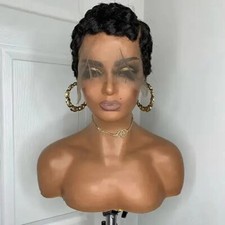 Short Pixie Cut Wig Black Finger Wave Human Hair Lace Front Wigs L Part Glueless