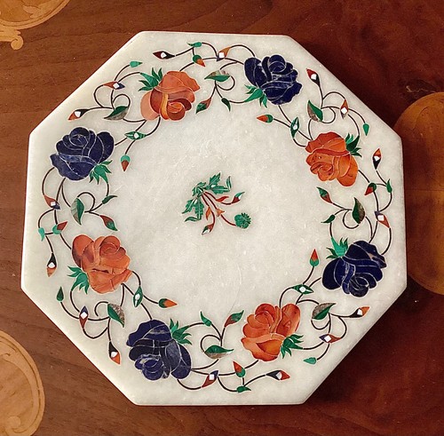 Marble inlaid hexagonal table - marble,