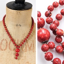 Vtg 1970s Red Sponge Coral Bead Statement Necklace 925 Silver Clasp Boho Y Drop