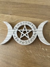 Wooden Altar Tile Triple Moon Pentacle Runes Wicca Pagan Witchcraft
