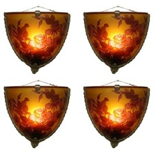 FOUR ORIGINAL FRENCH EMILE GALLE CAMEO GLASS & BRASS WALL MOUNTED SCONCES LIGHTS