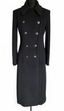 Hobbs Black Wool Coat Overcoat Maxi Military Look Brass Gold Button UK 14