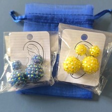 Double Ended Ball Earrings. Blue Yellow AB Sparkle Rhinestones. 2 Prs. Gift Bag