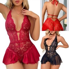 Women's Floral Lace Lingerie Halterneck Backless Crotchless Teddy Nightwear