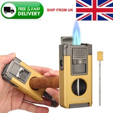 Gold Windproof Metal Cigar Lighter 2 Jet Flame Torch With Cigar Punch Cutter