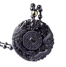 Natural Black Obsidian Hand Carved Chinese Dragon Phoenix Amulet BaGua Necklace