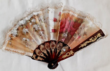 Vintage mini Spanish Lace top Floral Hand fan black/gold frame 5 inch
