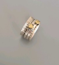 Sterling SIlver Hammered Wide Band Brass Single Heart Spinner Worry Ring Size Q