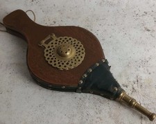 Vintage Wooden Bellows Oak Leather Bound Horse Brass Decoration 37.5x16cm Patina