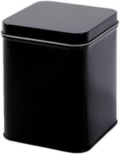 Cobalt Black - Square Tea Caddy Kitchen Tin - Plain Black Metal Hinged Lid - 20