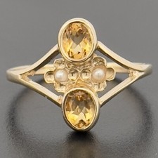 9ct Yellow Gold Citrine & Pearl Deco Style Cluster Ring Size L 1/2 Hallmarked