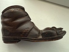 Antique Carved Wooden Boot Inkwell Swiss Grindelwald c1900 Black Forest