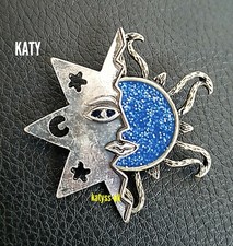 Crescent Blue Moon Sun Antique Silver Tone Vintage Deco Look BROOCH Pin Gift 