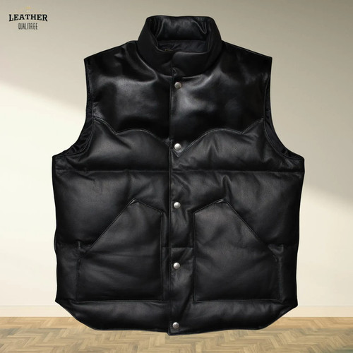 Black genuine leather puffer - black,