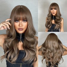 Brown Synthetic Hair Heat Resistant Costume Wig With Bangs Long Wavy