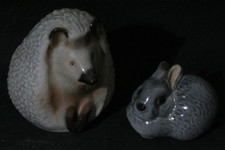 Superb Vintage Lomonosov USSR Figure Figurine x 2 - Hedgehog Rabbit - 3 1/4"