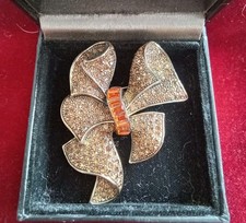 Vintage Gold Tone Citrine Amber  Rhinestone Glass Large  bow Brooch 