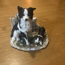 Border Collie Dog Figurine with Pup Vintage Stone Wall Decor