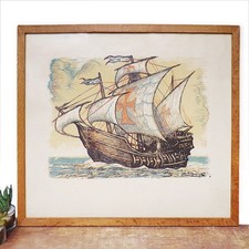 Original Woodcut Nautical Picture Galleon Ship Large Framed Signed Print Vintage