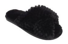 WOMENS WARM COSY CROSSOVER FLUFFY FLATS FAUX FUR LADIES SLIP ON SLIDERS SLIPPERS