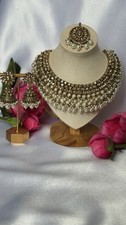 Polki Champagne Gold Pearl Neckline Set Necklace Earrings Tika