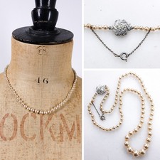 Vtg Lotus Faux Pearl Necklace Sterling Silver Clasp Graduated 1950s-60s Japan