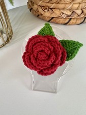 Handmade Crochet Rose Brooch – Wine Red Flower Pin with Green Leaves