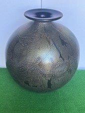 Large Isle Of Wight Studio Glass Iridescent Black Azurene Globe Vase 7.5"
