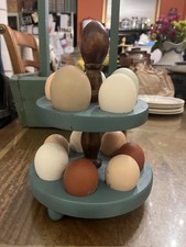 Vintage, Rustic 12 Egg Holder Stand. Hand Made And Hand Painted. Teal & Brown. ￼