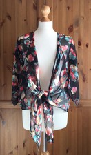 Joy Louche Kimono 8-10 Black Floral Sheer Tie Wais Festival Cover Up Boho Folk