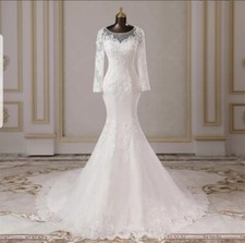 UK Long Sleeve Beaded Bridal Lace Mermaid Corset Back Wedding Dresses Size 6-18