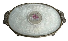 Vintage Petit Point Filigree Oval Dressing Table Tray Vanity Brass Glass Lace