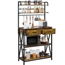 Kitchen Baker??s Rack Rustic Utility Storage Shelf Unit with 2 Drawers & 6 Hooks